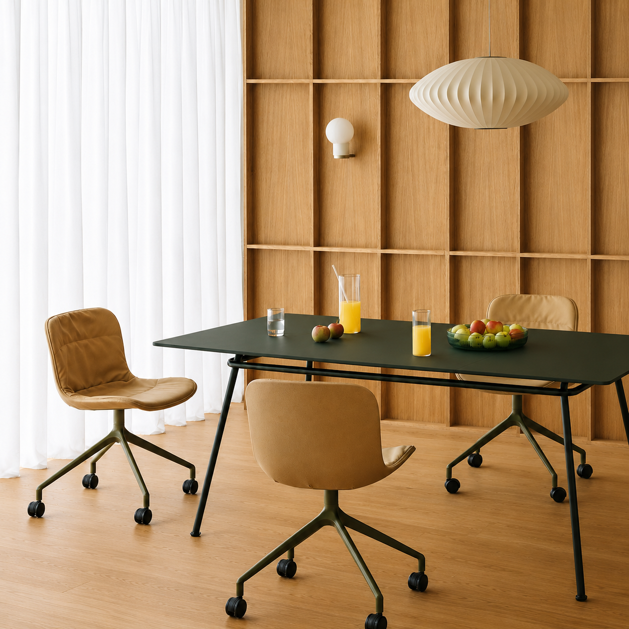 Contemporary home office setting with light wood desk and soft neutral tones