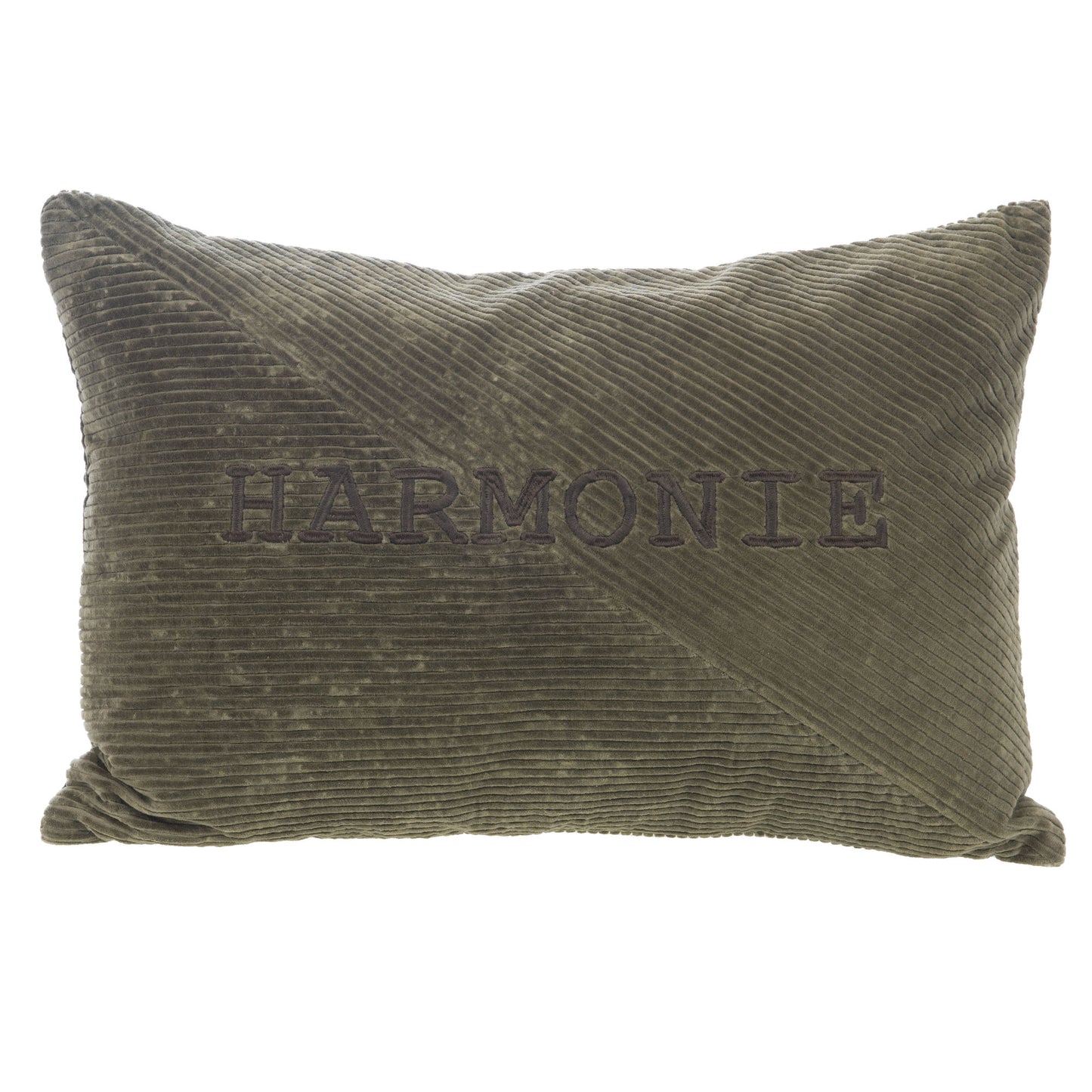 כרית נוי ירוקה מרקמית עם הרקמה HARMONIE, על רקע לבן