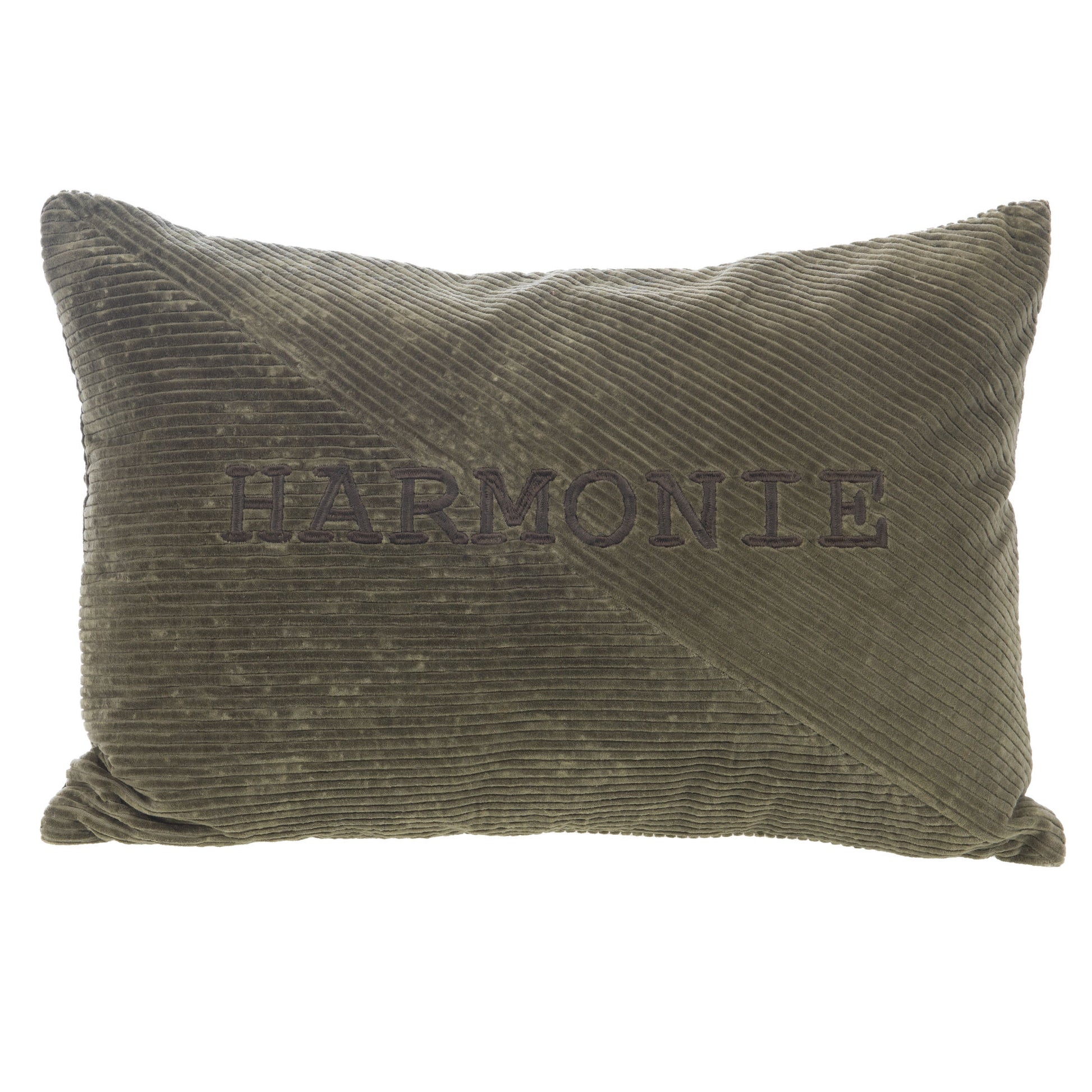 כרית נוי ירוקה מרקמית עם הרקמה HARMONIE, על רקע לבן