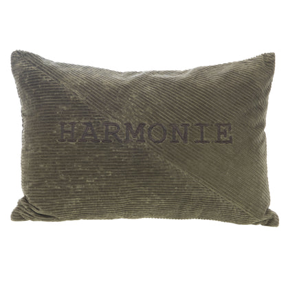 כרית נוי ירוקה מרקמית עם הרקמה HARMONIE, על רקע לבן