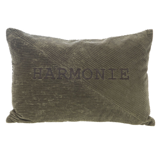 כרית נוי ירוקה מרקמית עם הרקמה HARMONIE, על רקע לבן