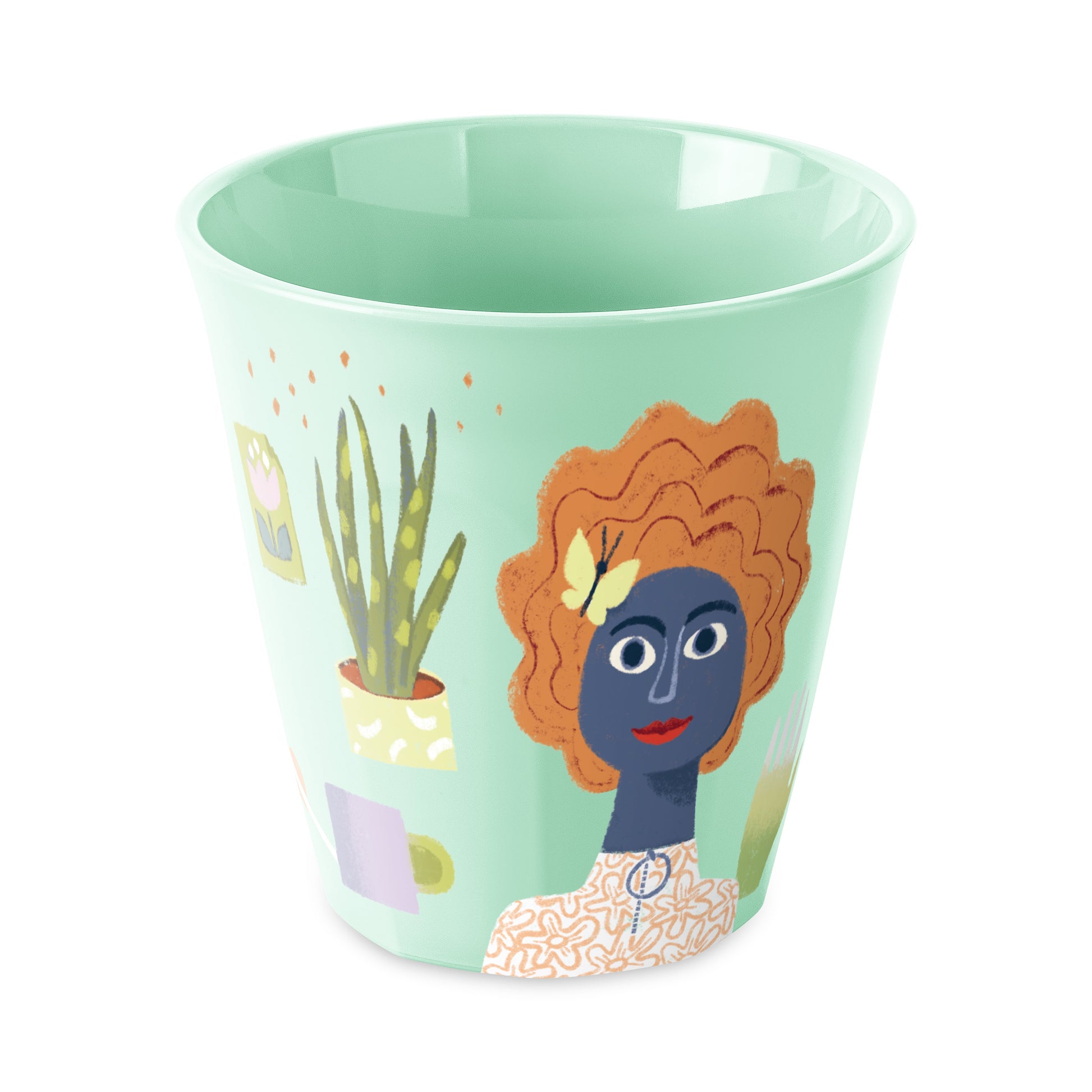 כוס Nora Sisters Grow בגוון ירוק מרווה עם איור דמות אשה, על רקע לבן