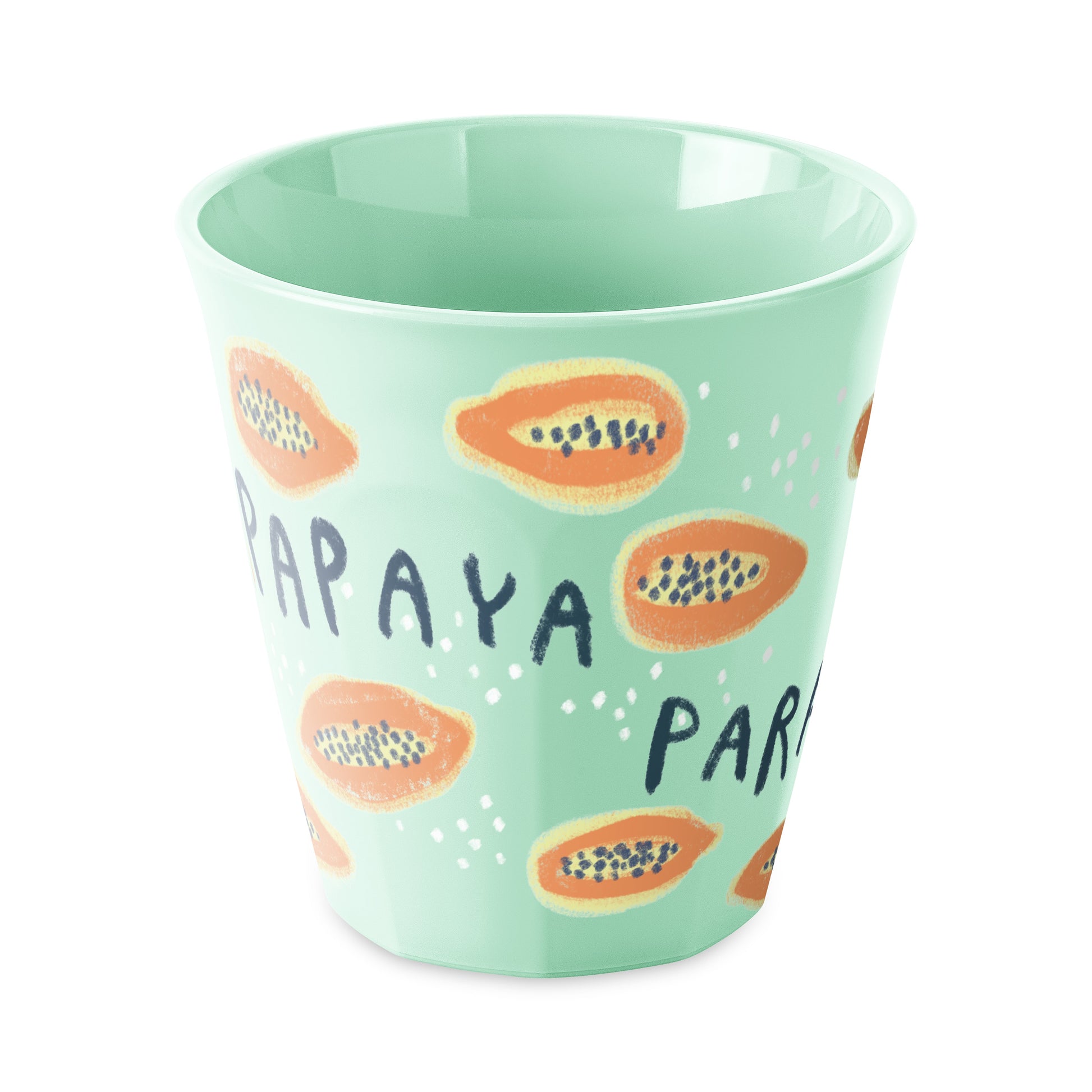 כוס Nora Juicies Papaya בגוון ירוק מרווה עם איור פפאיה, על רקע לבן