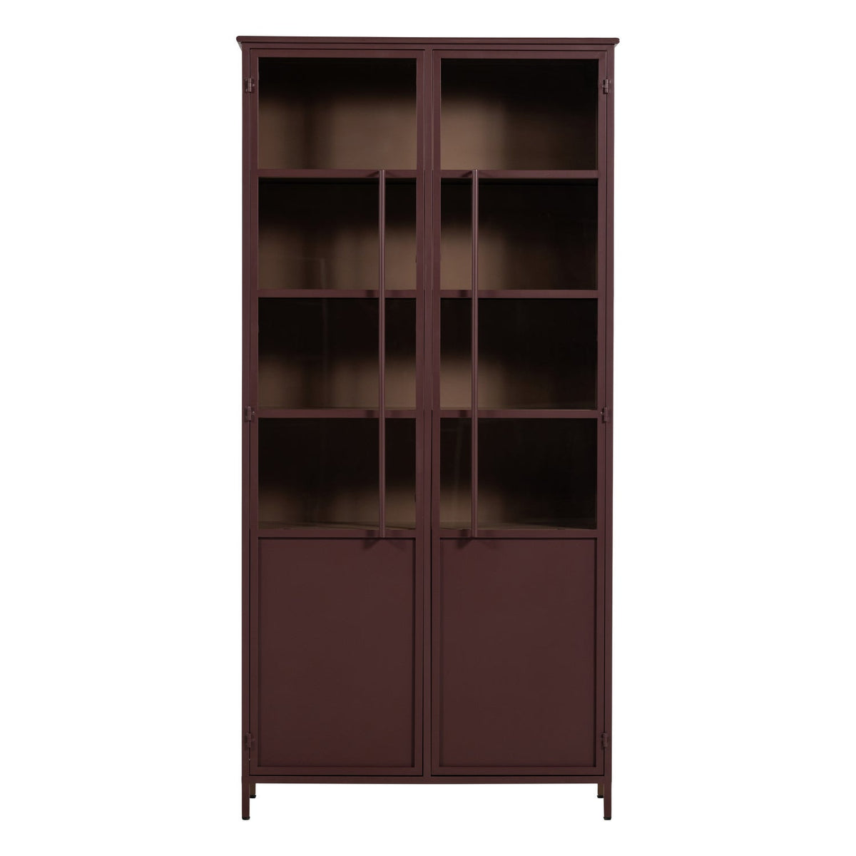 ויטרינת Exhibit XL בשתי דלתות בגוון בורדו, מבט מלפנים על רקע לבן