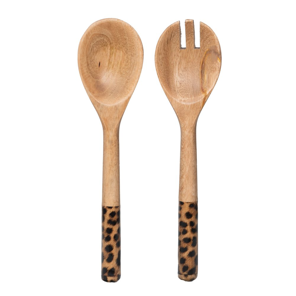 סט 2 כלי הגשה לסלט מעץ LEOPARD עם ידיות מנומרות באורך 28 סמ