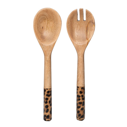 סט 2 כלי הגשה לסלט מעץ LEOPARD עם ידיות מנומרות באורך 28 סמ