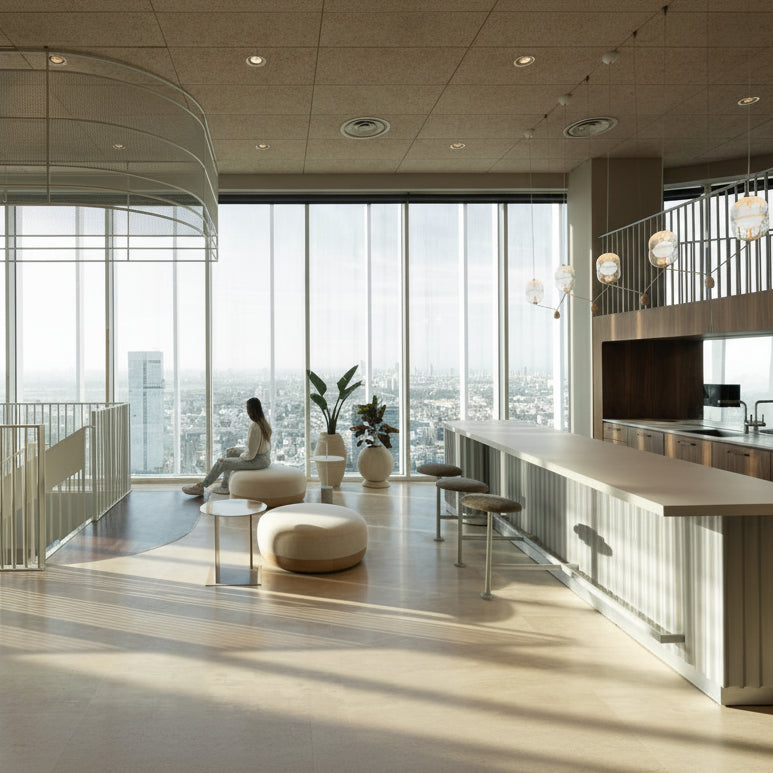 A modern high-rise apartment interior with floor-to-ceiling windows, a long kitchen island, bar stools, a curved glass railing, and a person sitting on a cushion near the window.