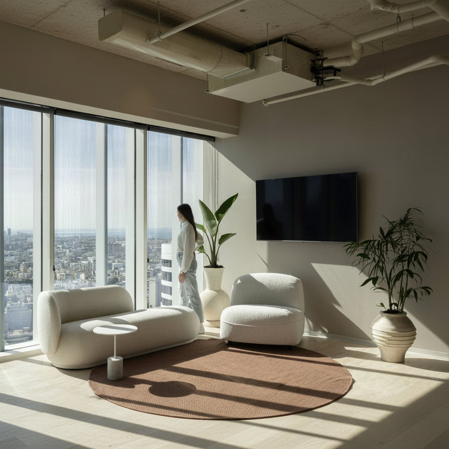 A modern living room interior with large floor-to-ceiling windows overlooking a city skyline. A woman in a white robe stands near the window beside a curved white sofa and a matching armchair, with potted plants, a wall-mounted TV, and a brown rug in the room.