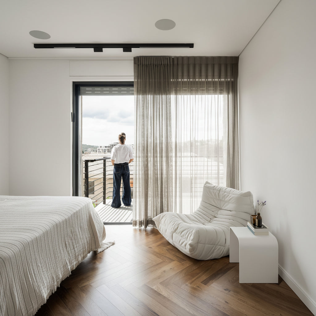 A modern bedroom interior with a large white tufted lounge chair, sheer beige curtains, wood flooring, and an open balcony view where a person stands looking out. The room is minimally styled with a bed edge, white side table, and small decor items.