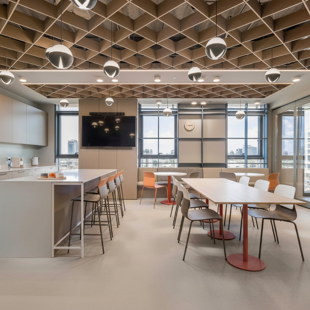 A modern open-plan office or kitchen interior with a long white island, dining tables, chairs, large windows, and a geometric wood ceiling. No people or animals are present.