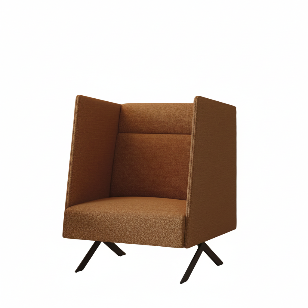 כורסת Sistema Legs Lounge עם משענת גבוהה מרופדת בבד מחוספס בגוון טאן ורגליים שחורות משופעות, בחלל מעוצב לצד צמח בעציץ