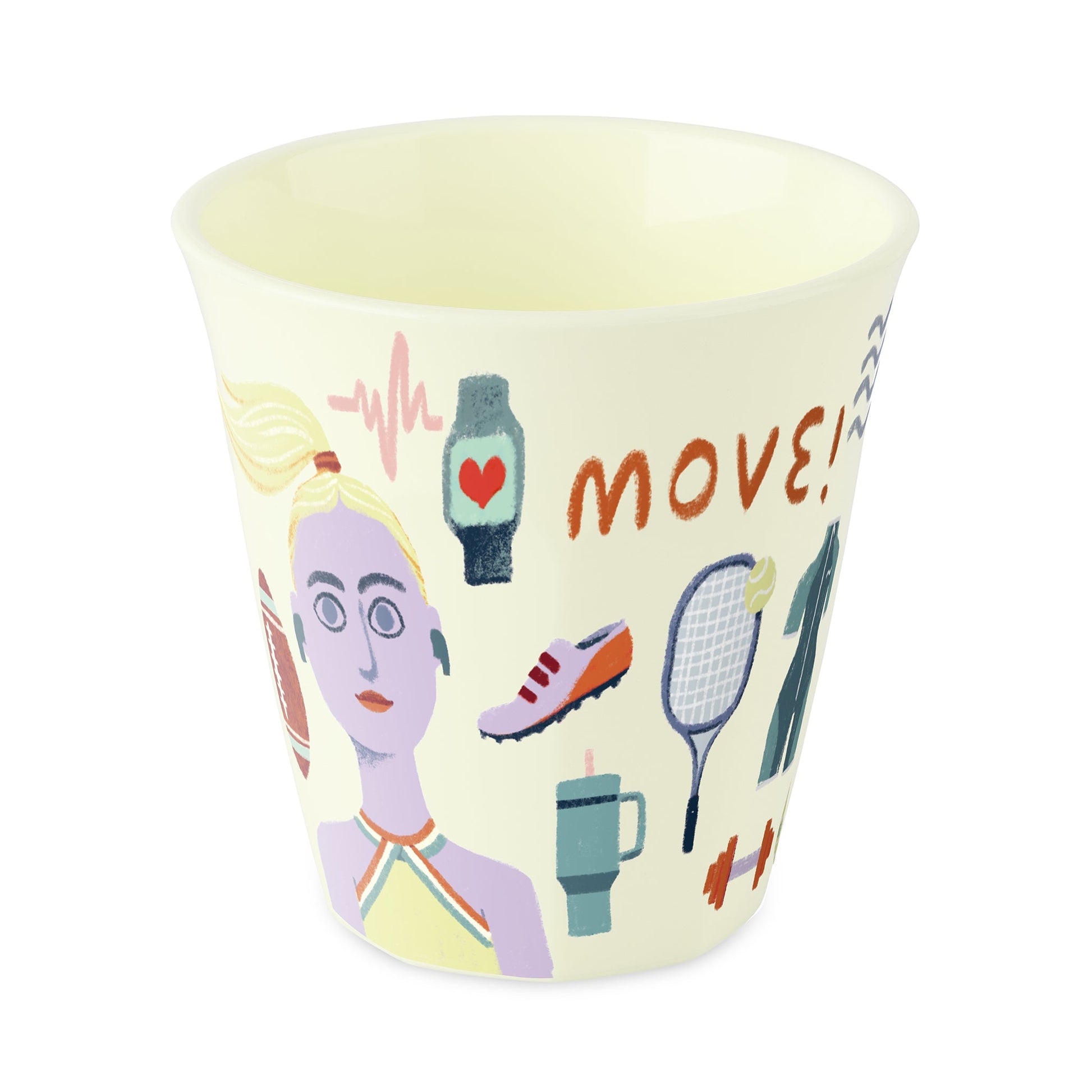 כוס Nora Sisters Move בגוון קרם עם איור דמות אשה, על רקע לבן