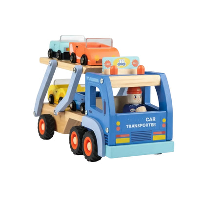 מבט נוסף על משאית הובלת הרכבים עם הנהג והכלב