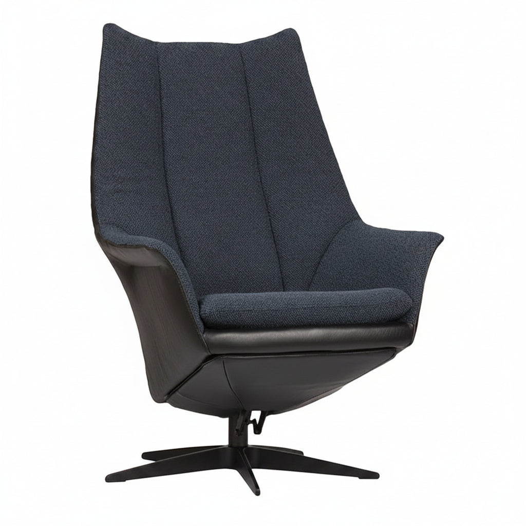 כורסת ARC 8021 מבית Gealux, מרופדת בבד מחוספס בכחול-אפור כהה עם פאנלים צדדיים שחורים ובסיס כוכב שחור, על רקע לבן