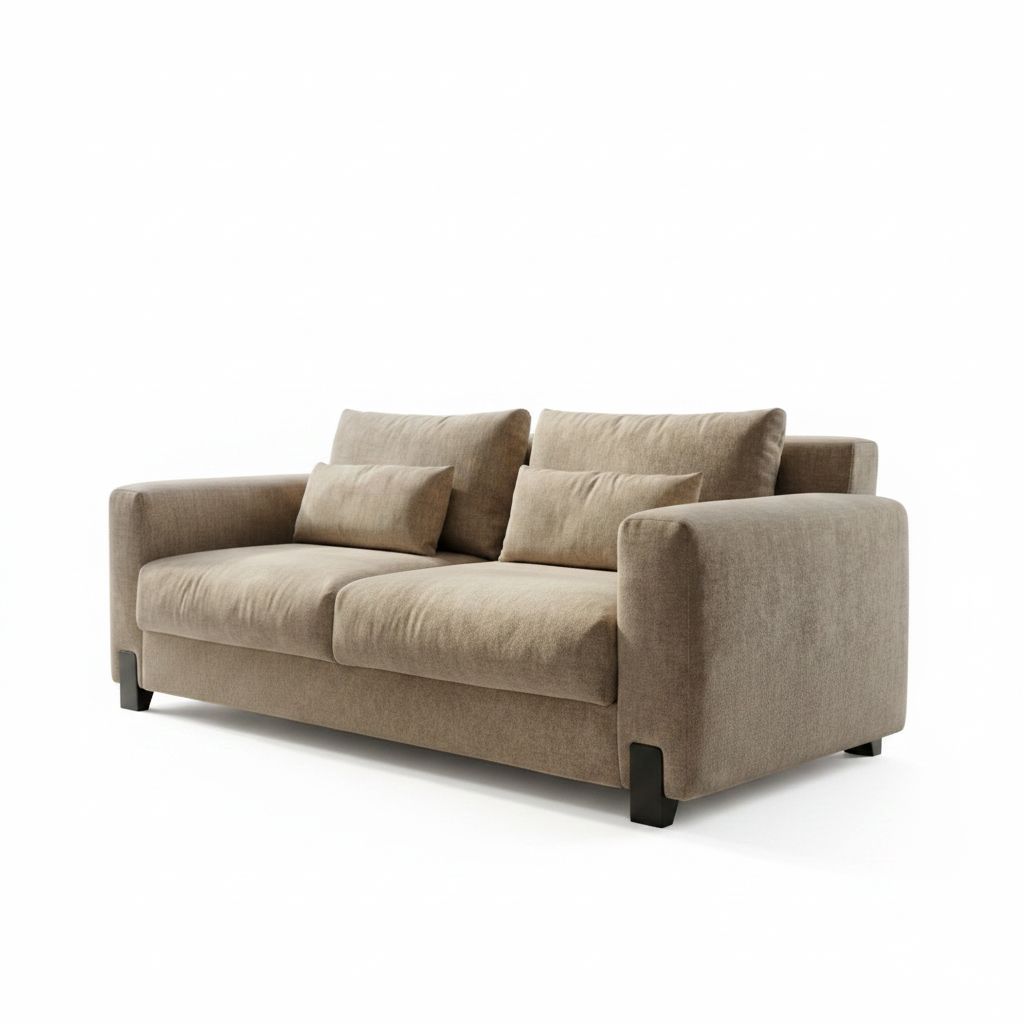 ספת Donny דו-מושבית מרופדת בבד מחוספס בגוון טאופ, עם ארבע כריות נוי תואמות ורגליים מסיביות כהות, על רקע לבן