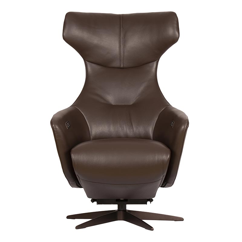 כורסת Twinz 7023 מבית Gealux, מרופדת בעור חום כהה עם משענת גבוהה ובסיס כוכב, על רקע לבן