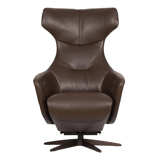 כורסת Twinz 7023 מבית Gealux, מרופדת בעור חום כהה עם משענת גבוהה ובסיס כוכב, על רקע לבן