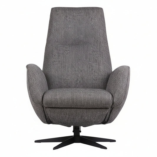 כורסת ARC 8023 מבית Gealux, מרופדת בבד ארוג אפור עם משענות יד רחבות ובסיס כוכב שחור, על רקע לבן