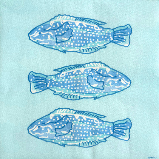 מפיות אירוח POISSON LUMINEUX BLEU עם איורי דגים בגווני תכלת, מבית Françoise Paviot