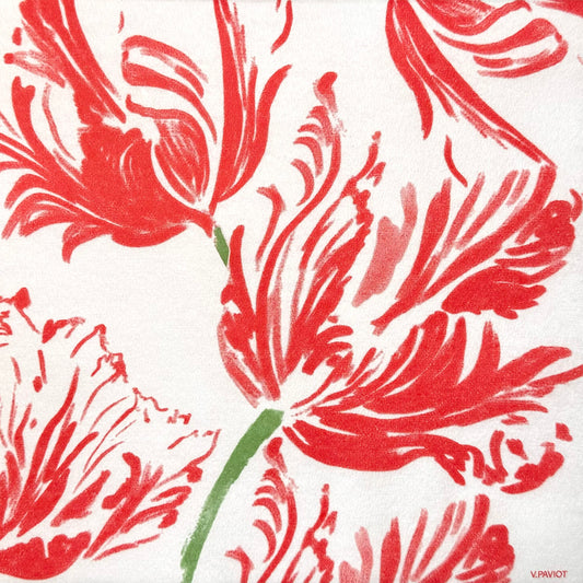 מפיות אירוח TULIPE ROUGE עם הדפס טוליפים גדולים בגווני אדום-קורל, מבית Françoise Paviot